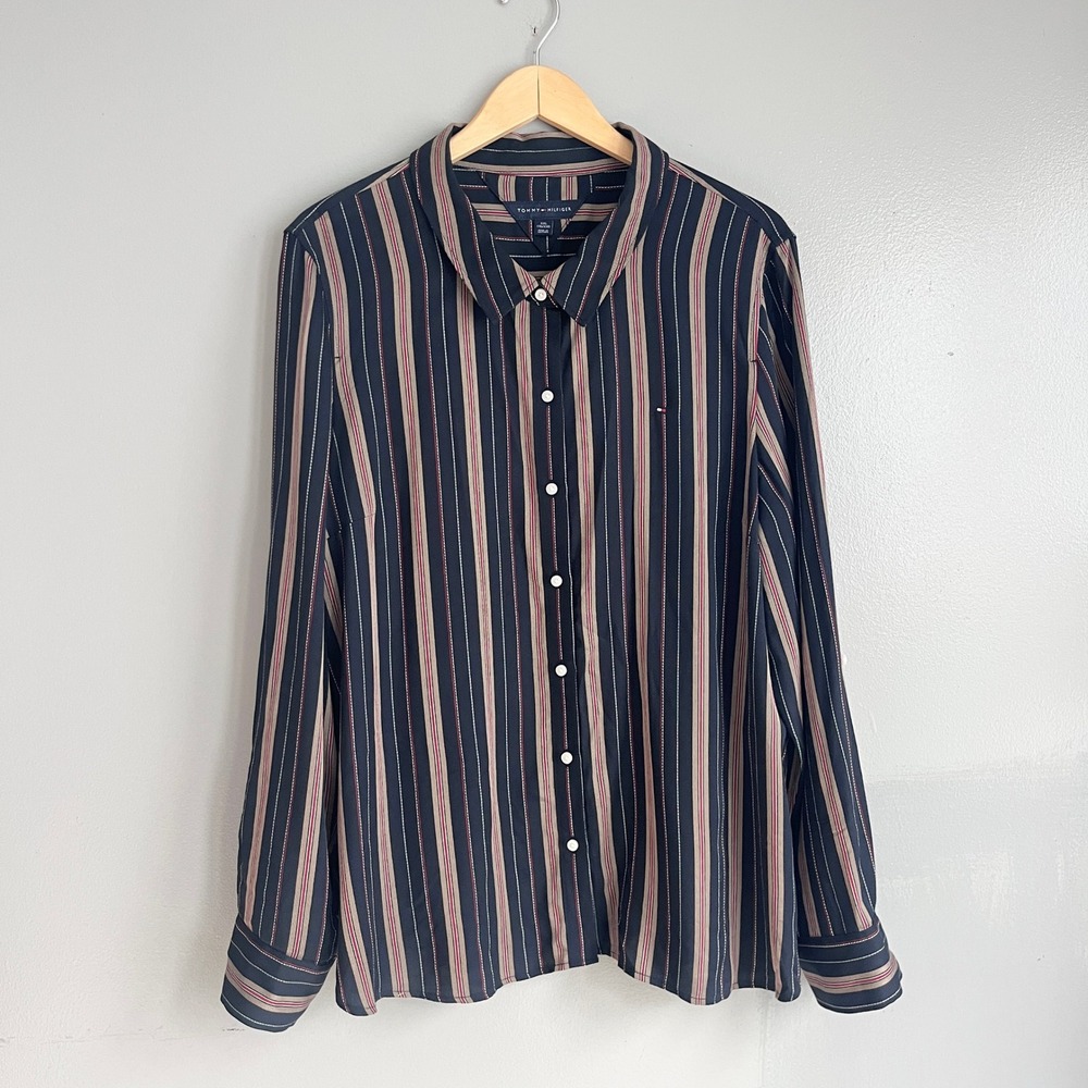 Tommy Hilfiger Button Up Shirt Women XXL Navy Stripe Roll Tab Preppy Classic NEW